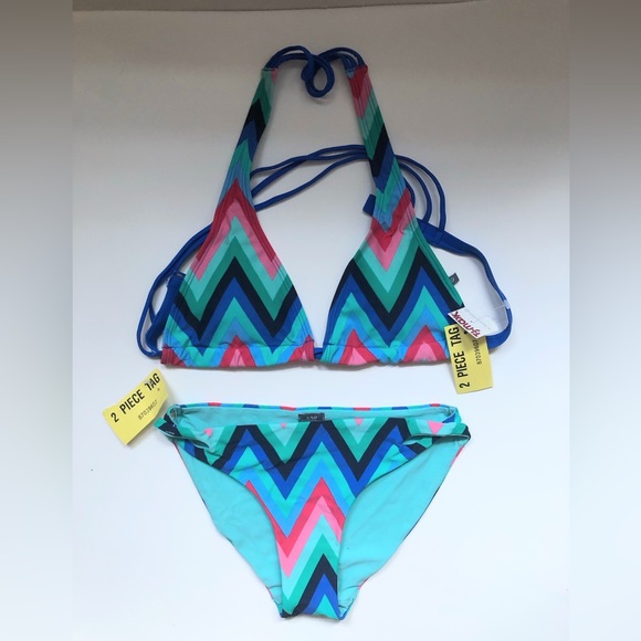 Aerie 2 Piece Bikini Strappy Cross Back Top Flame Stitch Design Blue Size Small - Picture 5 of 8